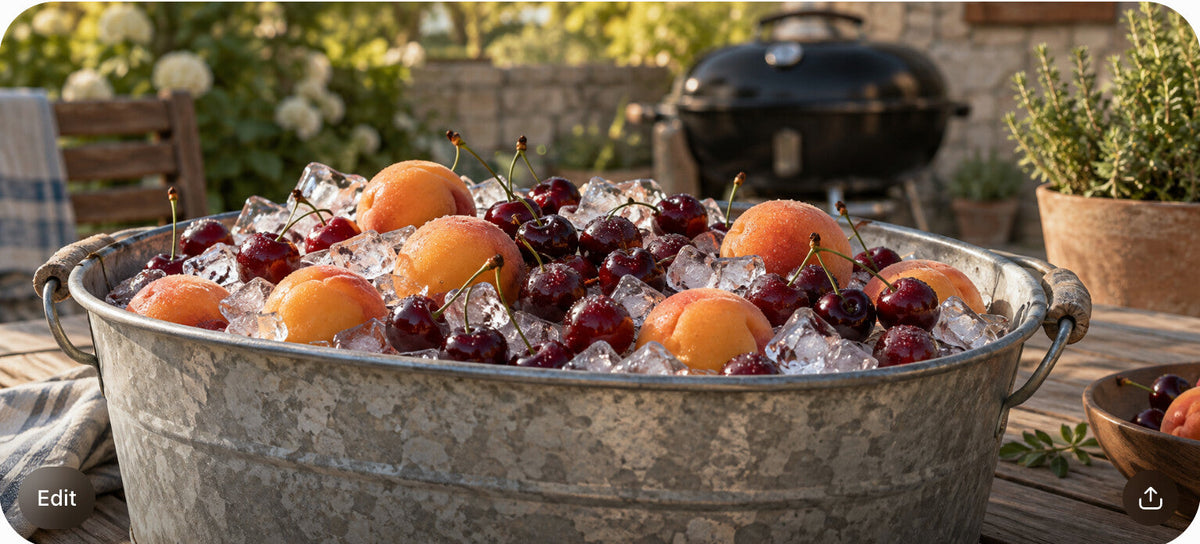 A galvanized ice tub with fruit on a wooden picnic table with a grill blurred in the background