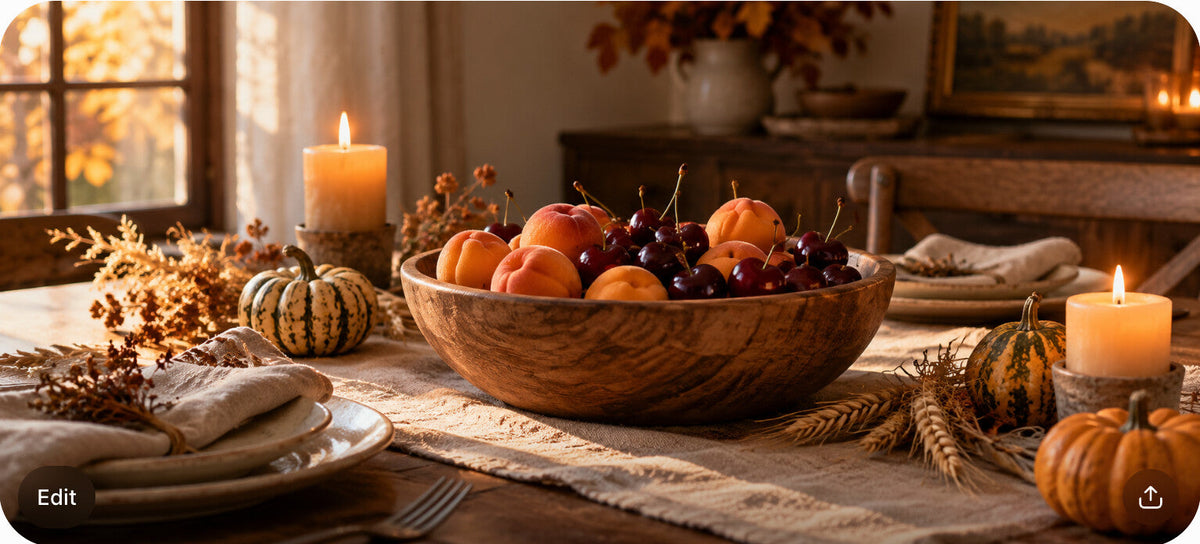 An indoor autumn table setting with linen, gourds, a wood bowl of fruit, and candlelight