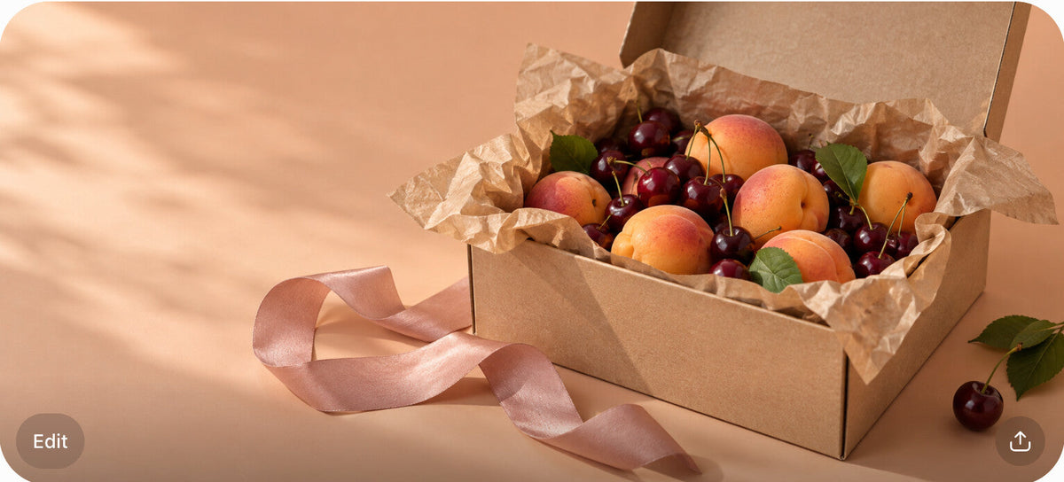 An open kraft gift box with tissue paper, blush ribbon, and fruit inside on a peach surface