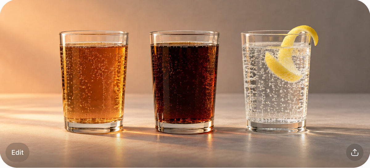 Three glasses side by side: amber tart soda, dark cola, and clear sparkling water with a lemon twist