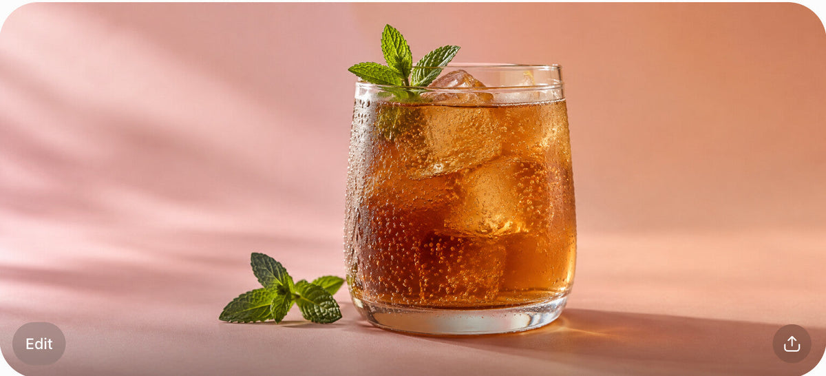 A glass of amber tart soda over ice with a fresh mint sprig garnish