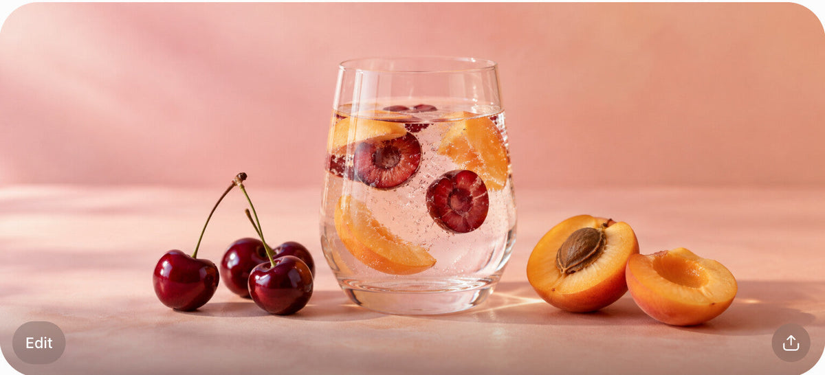 A glass of fruit-infused sparkling water with cherry and apricot slices, next to fresh cherries and apricot halves