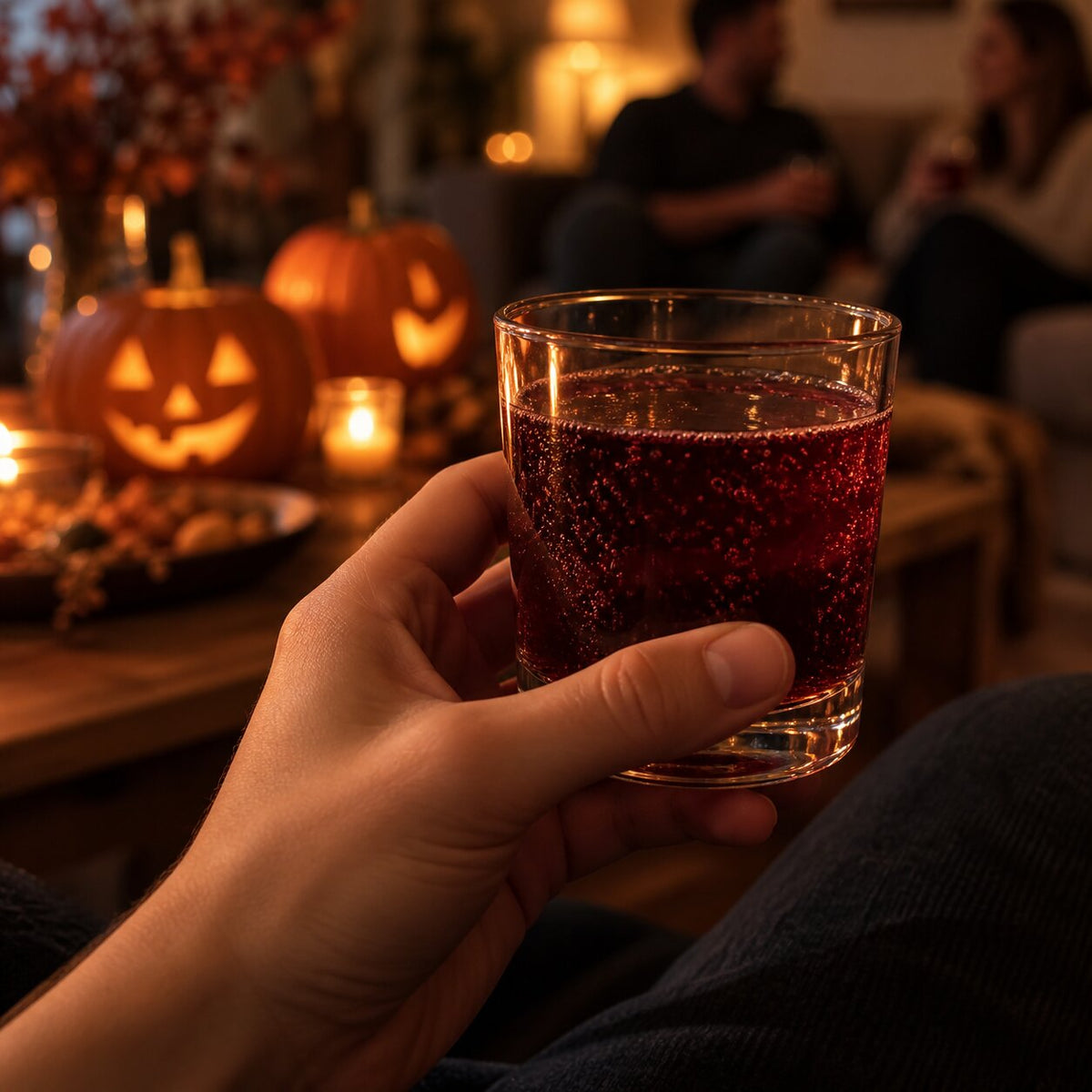 Hand holding a glass of dark red sparkling soda at a candlelit gathering
