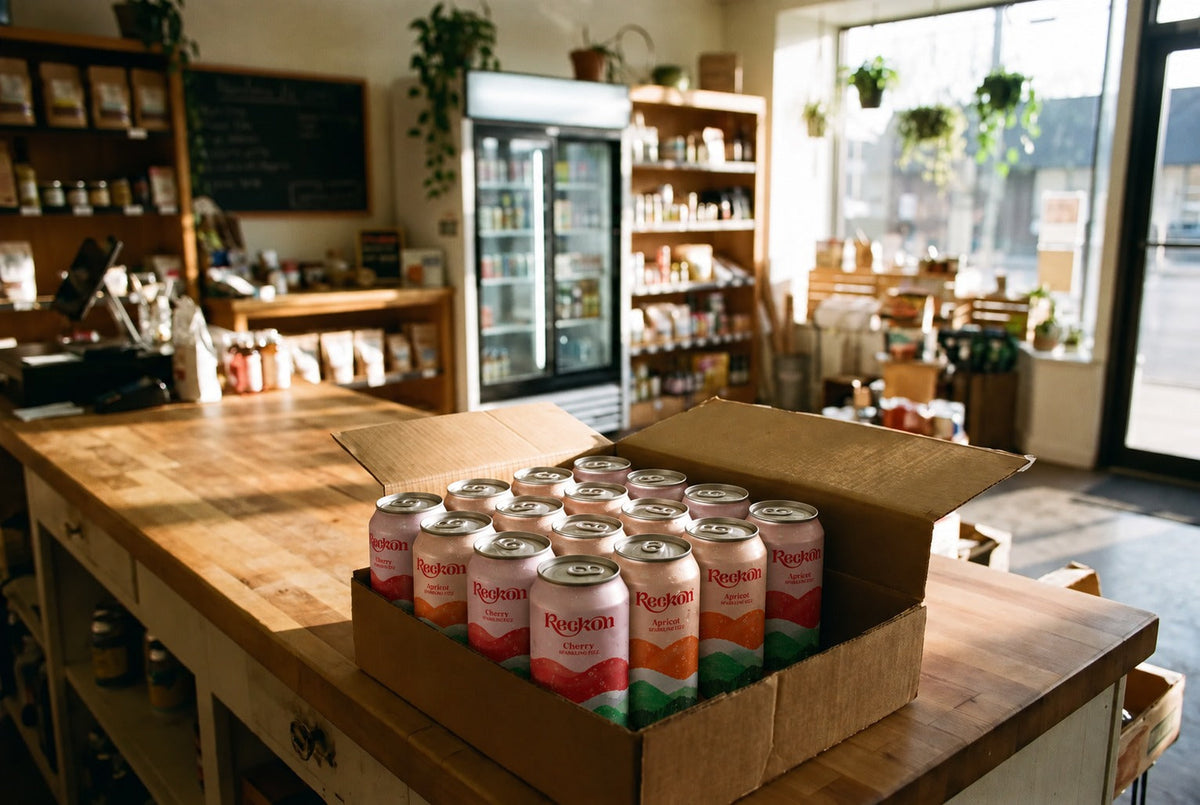 An open case of Reckon Cherry and Apricot cans on the wooden counter of a bright independent Cleveland-area shop