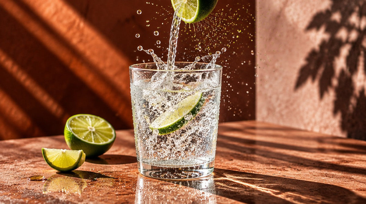 A glass of sparkling water splashing with a squeezed lime wedge above it, on a warm terracotta surface
