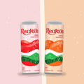 Reckon Cherry and Apricot cans side by side on a split pink and peach background