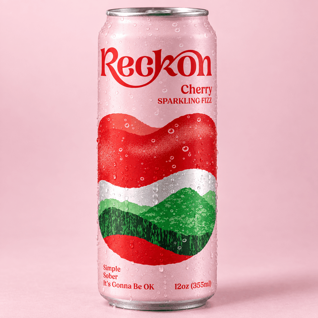 Chilled Reckon Cherry Sparkling Fizz can with fresh condensation on a blush pink background