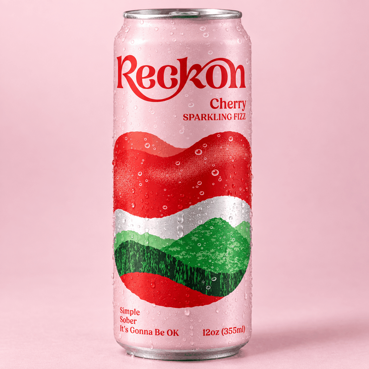 Chilled Reckon Cherry Sparkling Fizz can with fresh condensation on a blush pink background